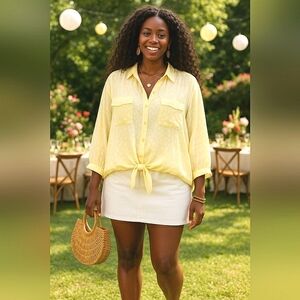 New Boho 2XL Butter Fall Yellow Tie Front Role Sleeve Button Down  Tunic Top